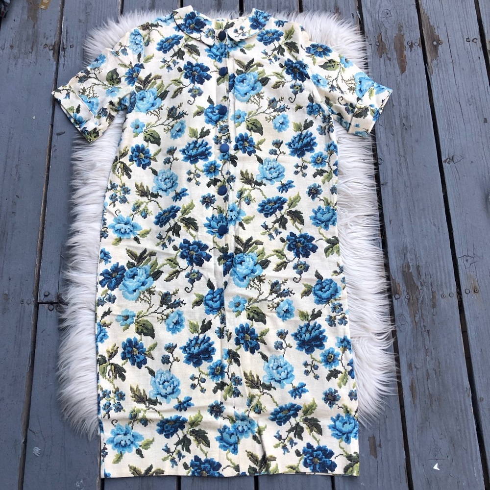 Vintage Tapestry Peterpan Collar Half Button Floral Blue Cream Midi Dress size L